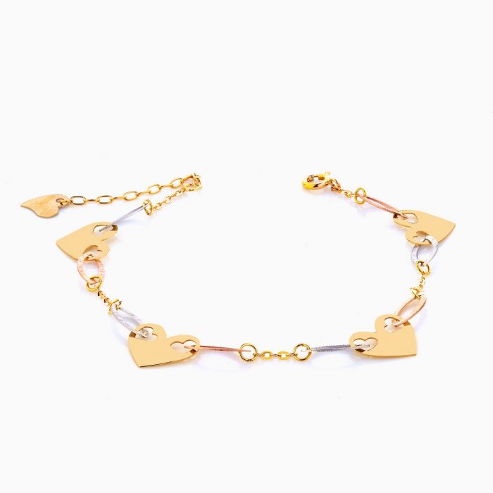 دستبند طلا 18 عیار زنانه زنجیری مدل قلبی سفید ، زرد و رزگلد کد BL0103
