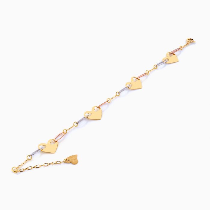 دستبند طلا 18 عیار زنانه زنجیری مدل قلبی سفید ، زرد و رزگلد کد BL0103