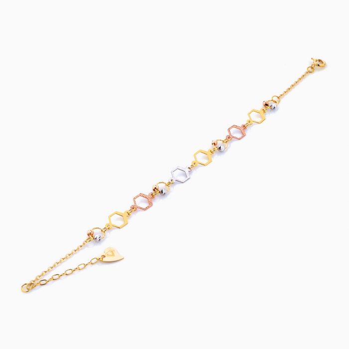 دستبند طلا 18 عیار زنانه زنجیری مدل شش ضلعی سفید ، زرد و رزگلد کد BL0104