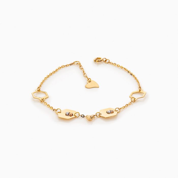 دستبند طلا 18 عیار زنانه زنجیری مدل گوی و پلاک شش ضلعی کد BL0173