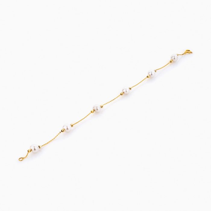 دستبند طلا 18 عیار زنانه زنجیری با سنگ مروارید مدل گوی و مروارید کد BL0234