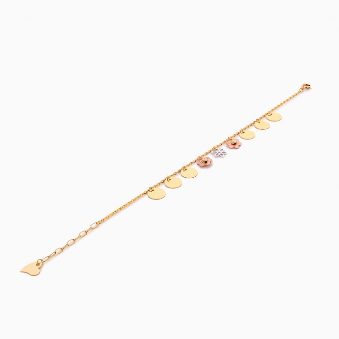 دستبند طلا 18 عیار زنانه زنجیری مدل پولک و گل کد BL0414