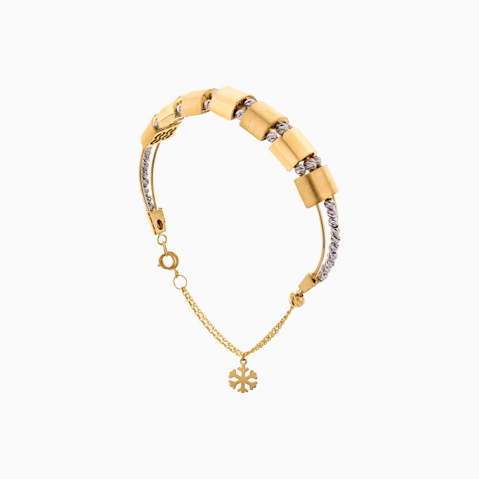 دستبند طلا 18 عیار زنانه النگویی مدل گوی و پلاک طرح دار کد BL0424