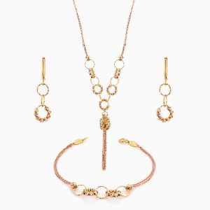 سرویس طلا 18 عیار زنانه زنجیری مدل حلقه و گوی با آویز استوانه ای کد ST0124